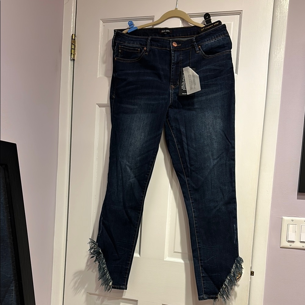 Dark Blue Frayed Hem Women Jeans